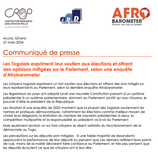  Les Togolais expriment leur soutien aux élections et offrent des opinions mitigées sur le Parlement